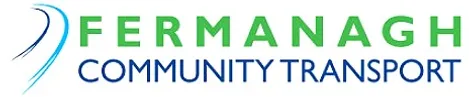 The Fermanagh Community Transport logo, featuring a blue curved line symbolizing movement and a green "Fermanagh" text with "Community Transport" below in blue.