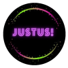 A circular image with a black background. The word "JUSTUS!" is written in neon pink and green letters, surrounded by a glowing neon ring and colorful sparks