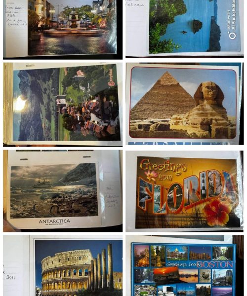 A photo album page with several postcards arranged in a grid. The postcards depict various destinations around the world, including a city skyline, a lake, a mountain village, the Great Pyramids and Sphinx, a glacier in Antarctica, a beach in Florida, the Colosseum in Rome, and a harbor scene