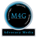 A circular logo with a blue border and a black center. The text "M4G" is in the center, surrounded by the words "Educate," "Encourage," "Empower" in a clockwise direction. Below the circle is the text "Advocacy Media.